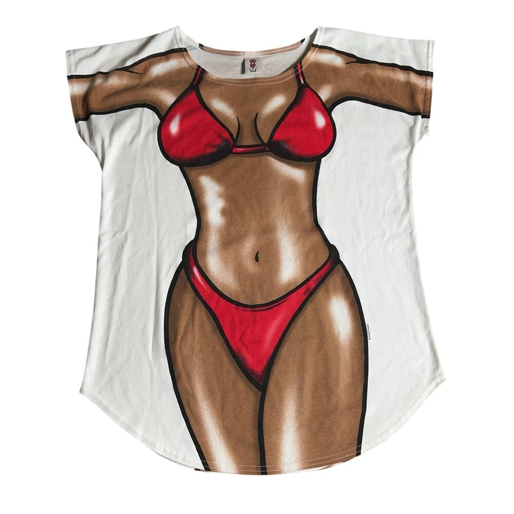 Women’s Bikini Illusion Graphic T-Shirt M Funny Beach Coverup Novelty Swim Tee